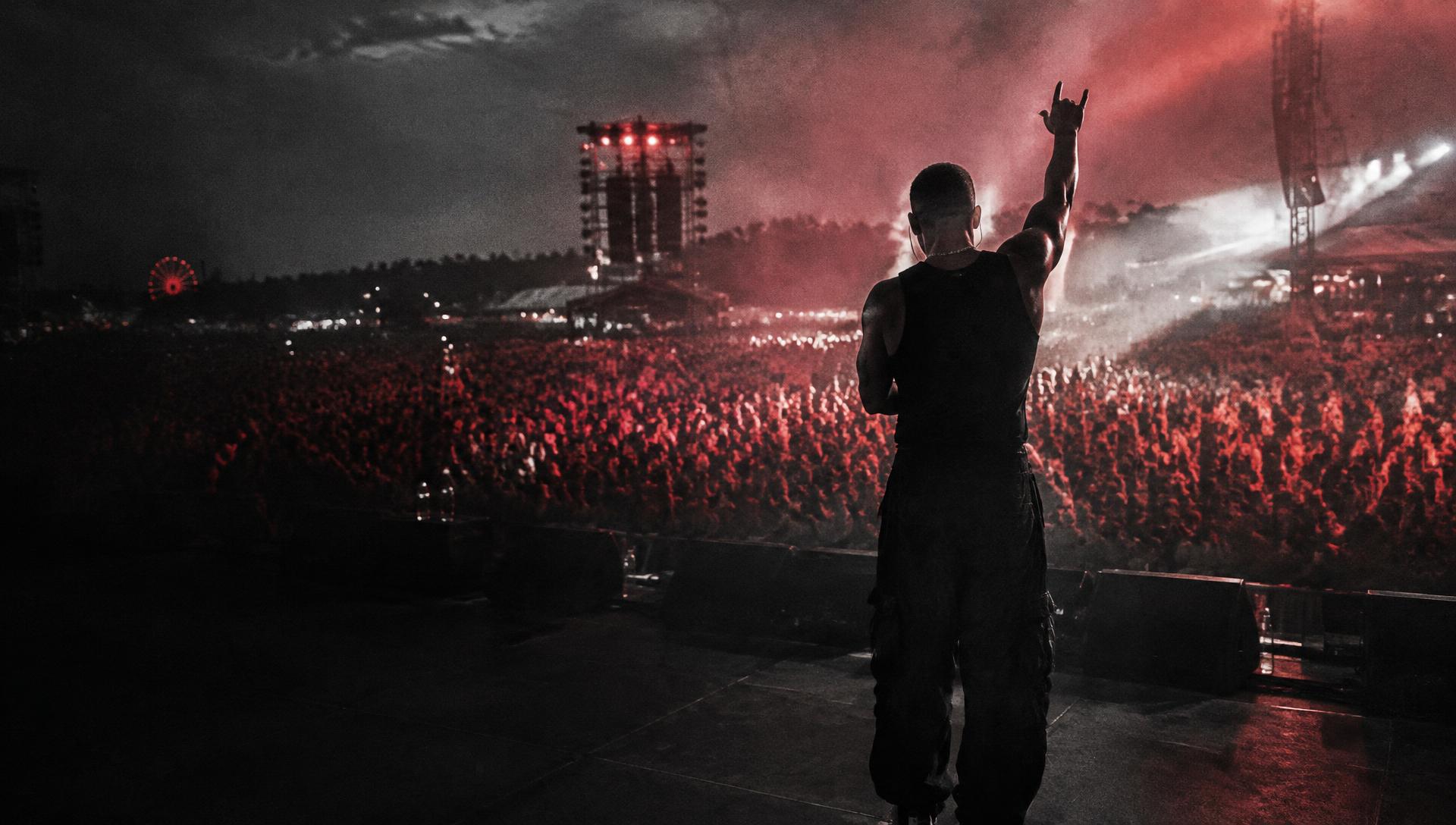 Concert-inspired artwork of a performer overlooking a crowd under red stage lights